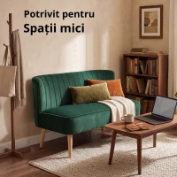HOMCOM Canapea design retro 2 locuri, picioare din lemn, 117 cm x 56,5 cm x 77 cm, Verde închis(m-5)