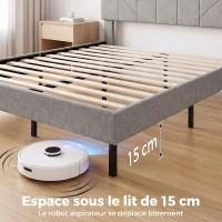 HOMCOM Cadre de Lit 140 x 190 cm avec Sommier et Tête Réglable, Lit Double Rembourré en Lin, Rangement au-dessous, Gris(m-7)