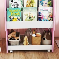 AIYAPLAY Kids Bookshelf with Toy Storage, Double-Sided Bookcase with Wheels, 3 Tier Kids Book Rack for Bedroom, Pink(m-9)