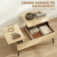 HOMCOM Table basse relevable avec double plateau, table de salon avec compartiment caché et pieds en métal, bois naturel(m-5)