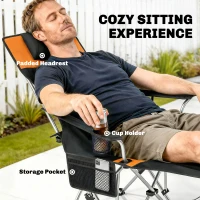 Outsunny Set of 2 Reclining Folding Camping Chair w/ Detachable Footrest, Storage Bag, Cup Holder & Headrest, Lightweight Portable Camp Chair for Beach, Picnic, Orange and Black(m-5)
