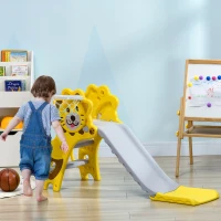 AIYAPLAY Escorrega para Crianças 2 em 1 com 2 Degraus Cesta de basquetebol e Desenho de Leão para Interior 131x50x74 cm Amarelo e Cinza(m-10)