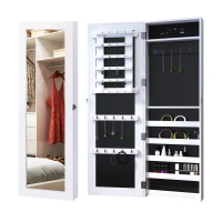 HOMCOM Specchio Portagioie da Parete con Ganci e Scompartimenti in Legno, Armadietto Portagioie con Specchio per Orecchini, Collane e Anelli, 37x9.5x112 cm, Bianco(m-1)