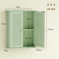 HOMCOM Armoire murale de salle de bain, meuble de rangement suspendu avec 2 portes persiennes et étagère réglable, vert(m-3)