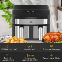 HOMCOM Friteuză cu Aer Cald 8L cu Timer și Temperatura Reglabilă, din Oțel și Plastic, 38.8L x 36.3 x 31.1 cm, Neagră(m-7)