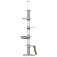 PawHut Rascador para Gatos a Techo con Altura 230-260 cm, 3 Postes Rascadores, Hamaca, en Peluche, Gris Claro(m-6)