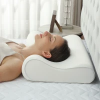 HOMCOM Cuscino Cervicale in Memory Foam a Doppia Altezza con Copertura Rimovibile, 60x40x10/12 cm, Bianco Crema(m-10)