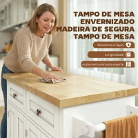 HOMCOM Ilha de Cozinha com Rodas 2 Gavetas 4 Portas Suporte para Temperos e Barra Lateral 111x44,5x82,5cm Branco e Madeira(m-4)