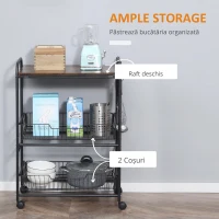 HOMCOM Cărucior Auxiliar cu Roți de 3 Nivele Cărucior de Bucătărie cu 2 Coșuri și 4 Cârlige 60x38x85,5 cm Maro Rustic(m-7)