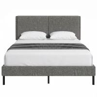 HOMCOM Cadre de Lit 140 x 190 cm avec Sommier et Tête Réglable, Lit Double Rembourré en Lin, Rangement au-dessous, Gris(m-16)
