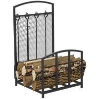 HOMCOM Portalegna da Interno ed Esterno in Metallo con Ganci e 4 Attrezzi Inclusi, 39x39x68cm, Nero(m-1)