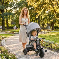 HOMCOM Triciclo para Bebés 2 em 1 de +12 Meses com Capota Dobrável Guiador Telescópico e Removível Bolsa e Porta-garrafas Cinza(m-10)