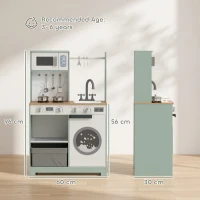 AIYAPLAY Cozinha de Brincar em Madeira com Lavandaria, Dispensador de Gelo, Gaveta em Tecido, Cabides e Acessórios em Aço Inoxidável, Verde(m-3)