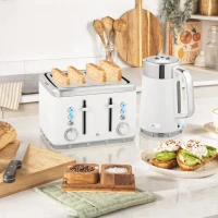 HOMCOM Electric Stainless Steel Kettle and Toaster Set, 3000W 1.7L UK Strix Thermostat Fast Boil Kettle w/ Limescale Filter, Cool Touch Body, 4 Slice Toaster with 7 Browning Levels, White(m-2)