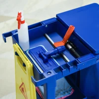 HOMCOM Janitor Cleaning Trolley, with Bin, Shelves and Hooks - Blue(m-8)