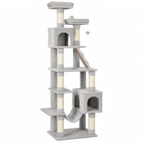 PawHut Arranhador para Gatos 204 cm Multinível com 2 Tocas Rede 2 Camas Postes de Sisal e Escada Cinza Claro(m-11)