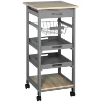 HOMCOM Chariot de service desserte de cuisine à roulettes panier + 2 plateaux amovibles, tiroir, étagère en bois chêne clair(m-12)