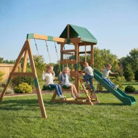 AIYAPLAY Spielturm Klettergerüst Holz Schaukelgestell mit Rutsche 2 Schaukeln Kletterwand für 3-8 Jahre 315x284x233 cm Grün(m-2)