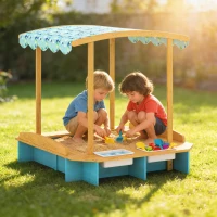 AIYAPLAY Caixa de Areia Infantil de Madeira com 2 Caixas de PP Caixa de Areia para Crianças de 3-6 Anos 128x118x121 cm Azul e Madeira(m-11)