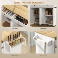 HOMCOM Insulă de bucătărie pe roți, 2 sertare, 2 dulapuri, mobilă, raft pentru condimente, suport prosop, suport pentru cuțite, MDF, Alb(m-7)