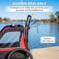 AIYAPLAY Remorque vélo enfant 2 en 1, poussette vélo bébé 2 places, guidon réglable, frein à main, ceinture de sécurité, rouge(m-6)