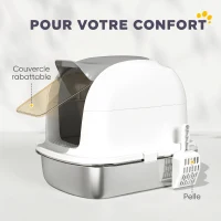 PawHut Bac à Litière pour Chat en Acier Inoxydable Caisse Litière Fermée pour Chats Couvercle Contrôle des Odeurs XL Blanc(m-7)