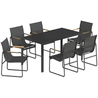 Outsunny Ensemble de Salle à Manger d'Extérieur 7 Pièces pour 6 Personnes, Table en Verre et Chaises avec Accoudoirs Décoratifs, Maille Résistante aux Intempéries, Noir(m-1)