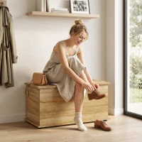 HOMCOM Coffre de Rangement, Banc de Rangement avec Couvercle Rabattable et Charnières de Sécurité, 80 x 40 x 45 cm, Naturel(m-14)
