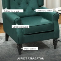 HOMCOM Fotoliu elegant cu urechi, bine tapițat, husă detașabilă, 74 x 86 x 102 cm, Verde închis(m-6)