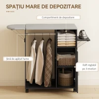 HOMCOM Dulap pentru călcat cu blat cu aspect de in, 3 rafturi cub și suport, 127x42,5x99 cm, negru(m-6)