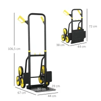 DURHAND Diable d'escalier pliable 120 kg 6 roues, diable demenagement en acier avec cordes télescopiques, 44x67x106,5cm, jaune(m-3)