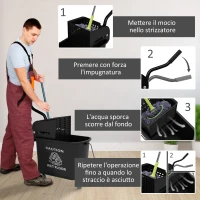 HOMCOM Carrello per Pulizie in Plastica PP da 20L con Secchio e Strizzatore, 60x27x70.5 cm, Nero(m-6)