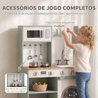AIYAPLAY Cozinha de Brincar em Madeira com Lavandaria, Dispensador de Gelo, Gaveta em Tecido, Cabides e Acessórios em Aço Inoxidável, Verde(m-7)