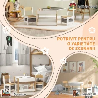 HOMCOM Set masă copii 3 în 1 cu 2 scaune, tablă detașabilă, bibliotecă și cutii textile, natur, 3-8 ani(m-7)
