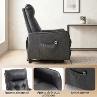 HOMCOM Poltrona Relax Reclinável Elétrica Elevatória em Couro PU com Controlo Remoto, Assento com Molas, Apoio para os Pés, Cinzento(m-7)