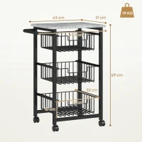 HOMCOM Căruț de bucătărie cu 3 coșuri și mâner, din oțel și lemn, 49.5x31x69 cm, negru și gri deschis(m-3)