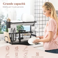 HOMCOM Scolapiatti da Lavello Modulabile a 2 Livelli con Piedini Antiscivolo, in Acciaio, 65x31.5x52.5 cm, Nero(m-6)