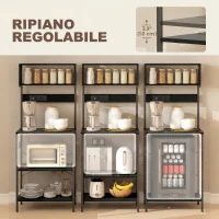 HOMCOM Scaffale da Cucina con Multipresa per Microonde con Ripiani e Ganci Stile Industriale, Legno e Acciaio, Nero(m-6)