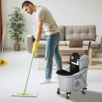 HOMCOM Balde de Esfregona Comercial com Espremedor de Pressão para Baixo Capacidade 36L com 4 Rodas 2 Cubetas 54x41x91,5 cm Cinza(m-10)