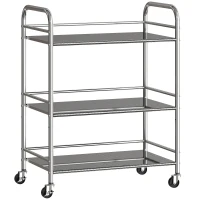 HOMCOM Desserte cuisine, chariot de service à 3 niveaux en acier inoxydable 201 avec poignées, roues, 60 x 35 x 77 cm, argenté(m-1)