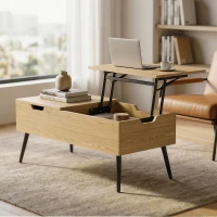 HOMCOM Table basse relevable avec double plateau, table de salon avec compartiment caché et pieds en métal, bois naturel(m-9)