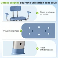 HOMCOM Tabouret de douche chaise de douche ergonomique avec accoudoirs, dossier, hauteur et siège réglables, bleu(m-7)