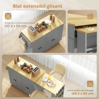 HOMCOM Insulă de Bucătărie pe Roți Blat Extensibil 4 Uși Rafturi Reglabile Suport pentru Condimente și Prosoape Gri(m-8)