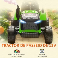 AIYAPLAY Trator Elétrico para Crianças com Reboque Desmontável Bateria 12V Velocidade 3-5 km/h Controle Remoto 2,4G 139x58x55 cm Verde(m-4)