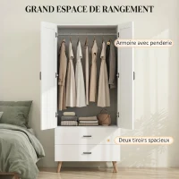 HOMCOM Armoire chambre penderie 2 portes à fermeture douce, 2 tiroirs et barre de suspension, 80x54x180cm, blanc(m-5)