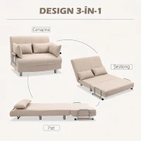 HOMCOM Canapea Extensibilă 2 Locuri, Canapea Tip Pat Modernă cu 4 Perne Incluse, Cadru din Oțel și Tapițerie Textilă, Crem(m-15)