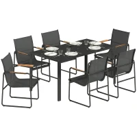 Outsunny Ensemble de Salle à Manger d'Extérieur 7 Pièces pour 6 Personnes, Table en Verre et Chaises avec Accoudoirs Décoratifs, Maille Résistante aux Intempéries, Noir(m-11)