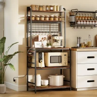 HOMCOM Raft de Bucătărie cu Stație de Alimentare și Rafturi Reglabile, Raft pentru Cuptor cu Microunde 5 Nivele cu Panou de Grilaj și 10 Cârlige, Dulap Vintage Structură din Oțel, 80x40x170 cm, Maro Rustic(m-2)