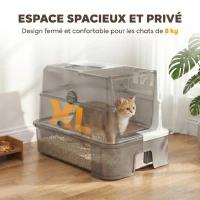 PawHut Bac à Litière pour Chat en Inox, Tiroir Coulissant, Couvercle Amovible, Pelle, Sacs Filtrants，Pédale, 60x40x45cm, Gris(m-7)