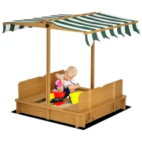 Outsunny Sandkasten 106x106 cm Kinder Sandbox aus Holz mit höhenverstellbar Abdeckung Sitzbänken Rücklehnen Hellbraun(m-12)